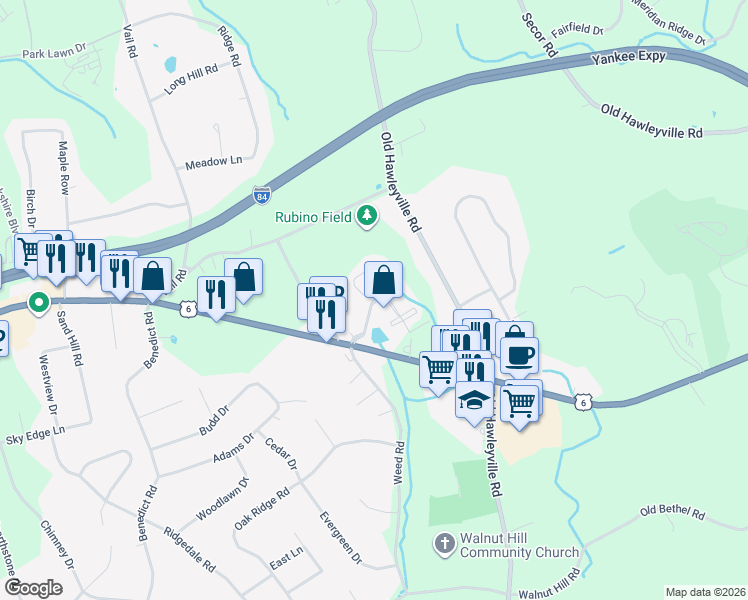 map of restaurants, bars, coffee shops, grocery stores, and more near 46 Stony Hill Road in Bethel