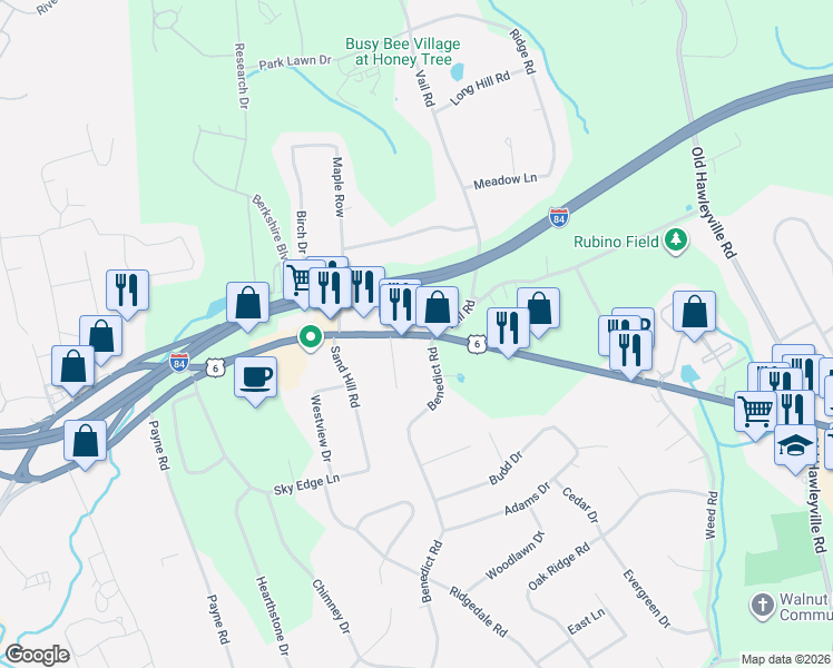 map of restaurants, bars, coffee shops, grocery stores, and more near 80 Benedict Road in Bethel