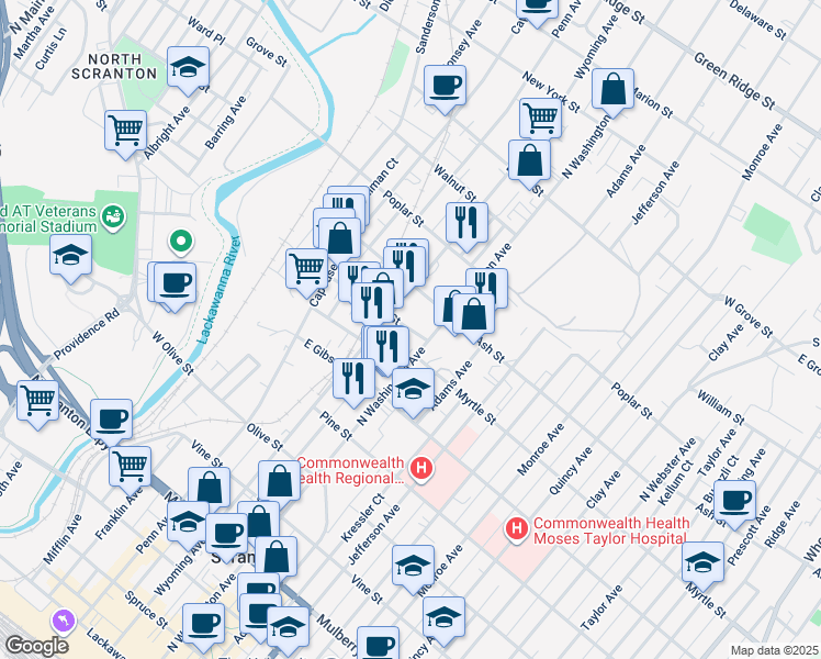 map of restaurants, bars, coffee shops, grocery stores, and more near 916 N Washington Ave in Scranton