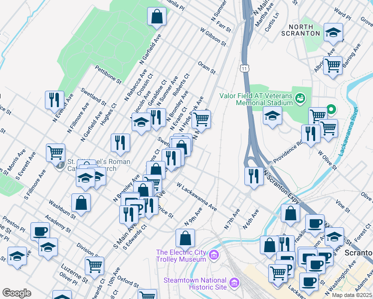 map of restaurants, bars, coffee shops, grocery stores, and more near 1105 Swetland Street in Scranton