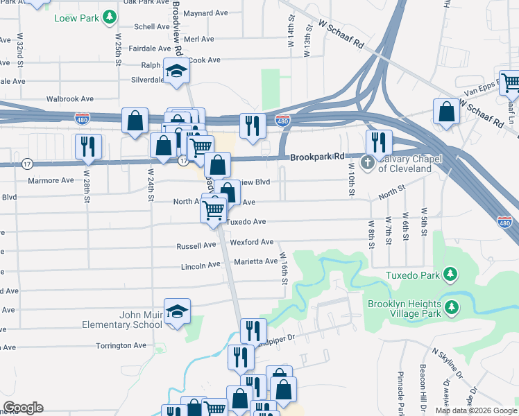 map of restaurants, bars, coffee shops, grocery stores, and more near 1706 Tuxedo Avenue in Parma