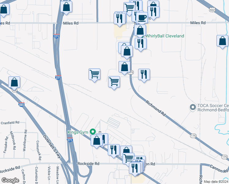map of restaurants, bars, coffee shops, grocery stores, and more near 5300 Richmond Road in Bedford Heights