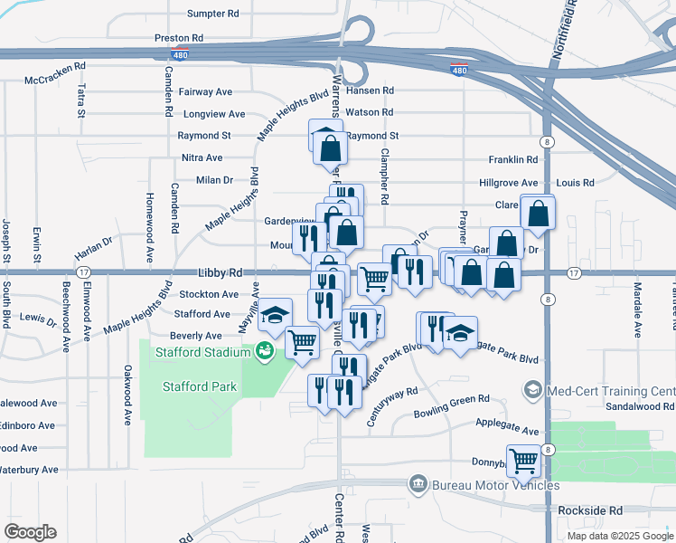 map of restaurants, bars, coffee shops, grocery stores, and more near Libby Rd & Warrensville Center Rd in Maple Heights