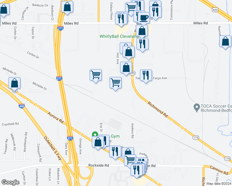 map of restaurants, bars, coffee shops, grocery stores, and more near 5300 Richmond Road in Bedford Heights