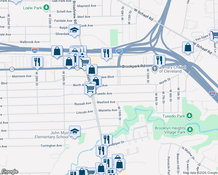 map of restaurants, bars, coffee shops, grocery stores, and more near 1706 Tuxedo Avenue in Parma