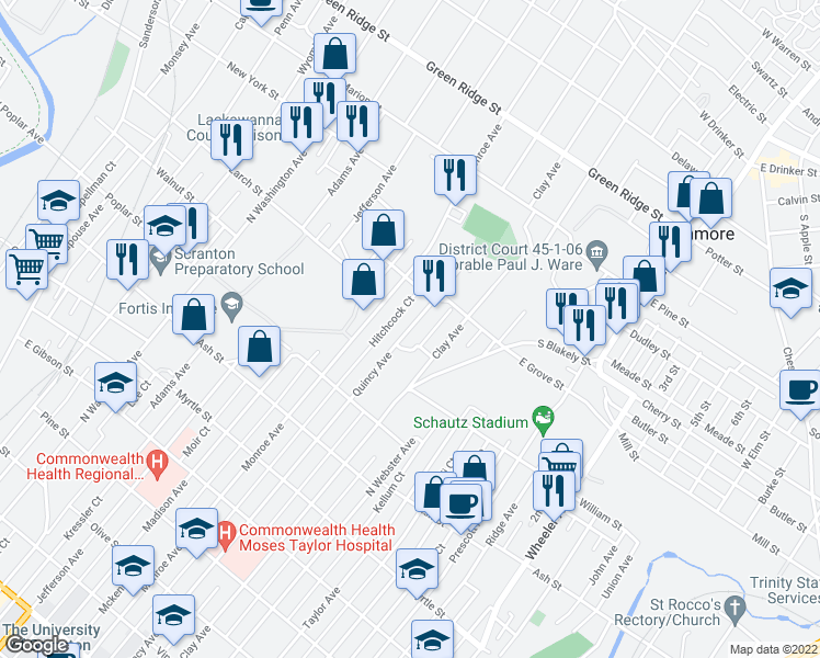 map of restaurants, bars, coffee shops, grocery stores, and more near 1214 Quincy Avenue in Scranton