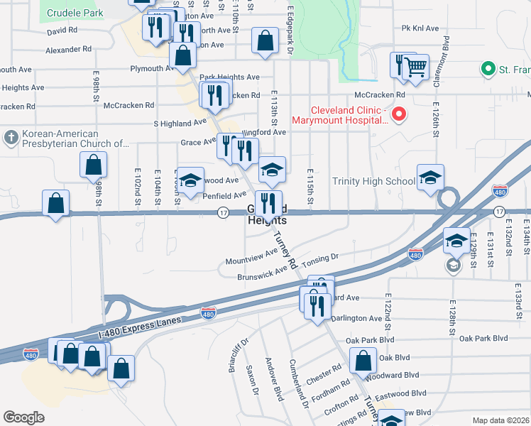map of restaurants, bars, coffee shops, grocery stores, and more near Granger Rd & Turney Rd in Garfield Heights