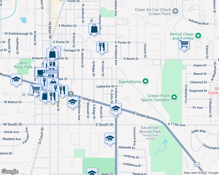 map of restaurants, bars, coffee shops, grocery stores, and more near 139 South John Street in Crown Point