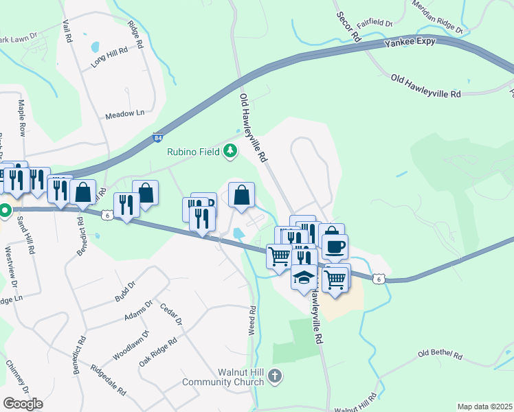 map of restaurants, bars, coffee shops, grocery stores, and more near 48 Stony Hill Road in Bethel