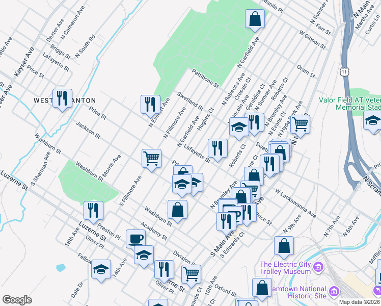 map of restaurants, bars, coffee shops, grocery stores, and more near 214 North Rebecca Avenue in Scranton