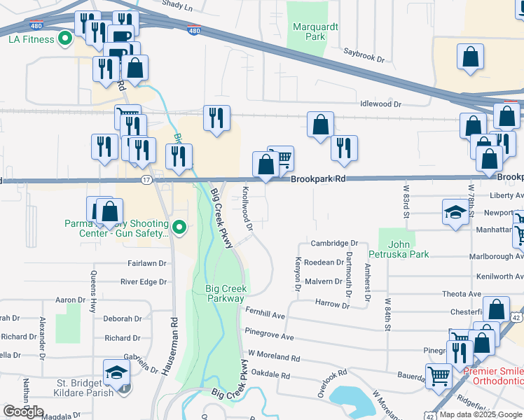 map of restaurants, bars, coffee shops, grocery stores, and more near 5267 Knollwood Drive in Parma