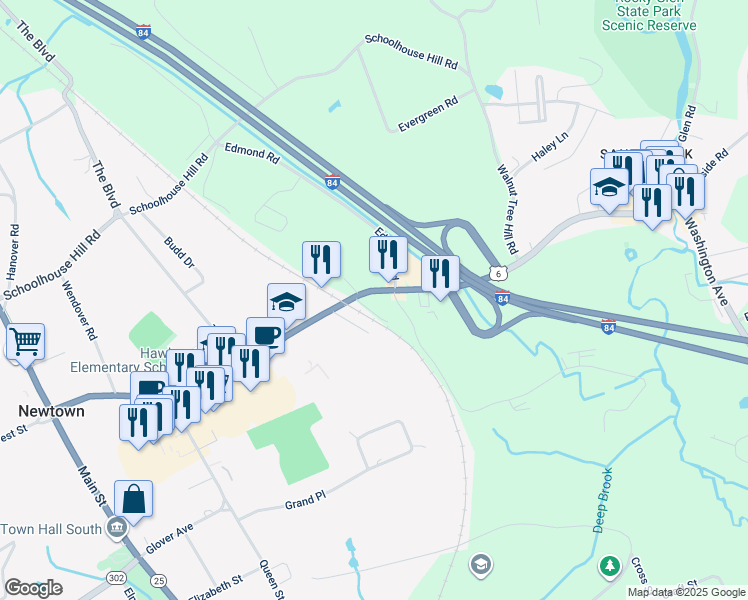 map of restaurants, bars, coffee shops, grocery stores, and more near 54 Church Hill Road in Newtown