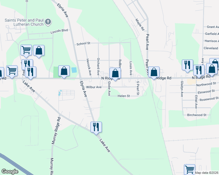 map of restaurants, bars, coffee shops, grocery stores, and more near Globe Avenue in North Ridgeville