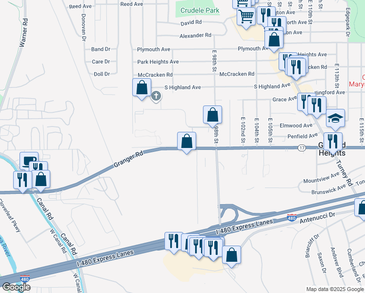 map of restaurants, bars, coffee shops, grocery stores, and more near Overdrive Way in Garfield Heights