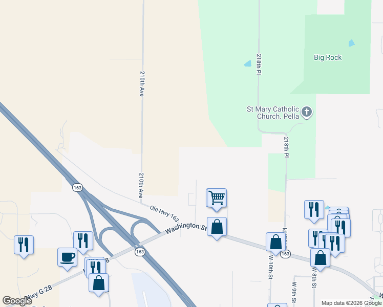 map of restaurants, bars, coffee shops, grocery stores, and more near in Pella