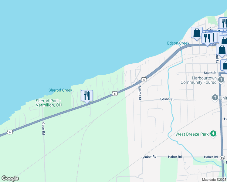 map of restaurants, bars, coffee shops, grocery stores, and more near 14006 West Lake Road in Vermilion