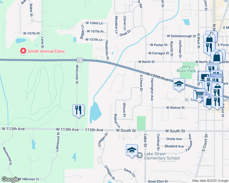 map of restaurants, bars, coffee shops, grocery stores, and more near 938 Walnut Lane in Crown Point