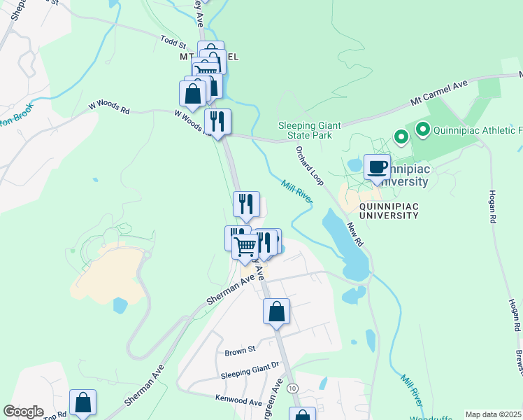 map of restaurants, bars, coffee shops, grocery stores, and more near 3345 Whitney Avenue in Hamden