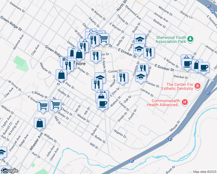 map of restaurants, bars, coffee shops, grocery stores, and more near 121 East Elm Street in Dunmore
