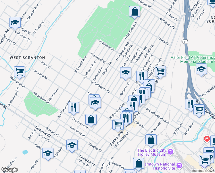 map of restaurants, bars, coffee shops, grocery stores, and more near 1417 Lafayette Street in Scranton