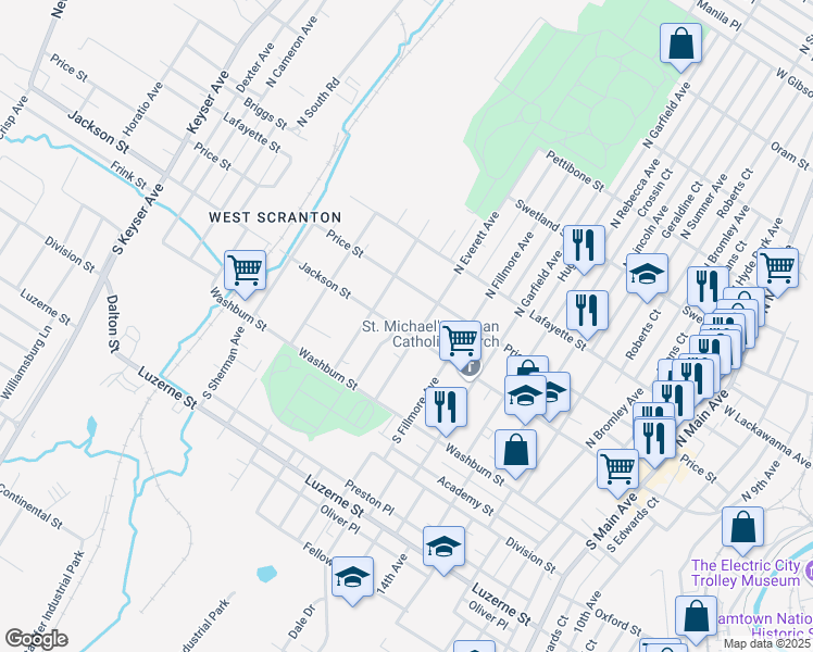map of restaurants, bars, coffee shops, grocery stores, and more near 118 South Everett Avenue in Scranton