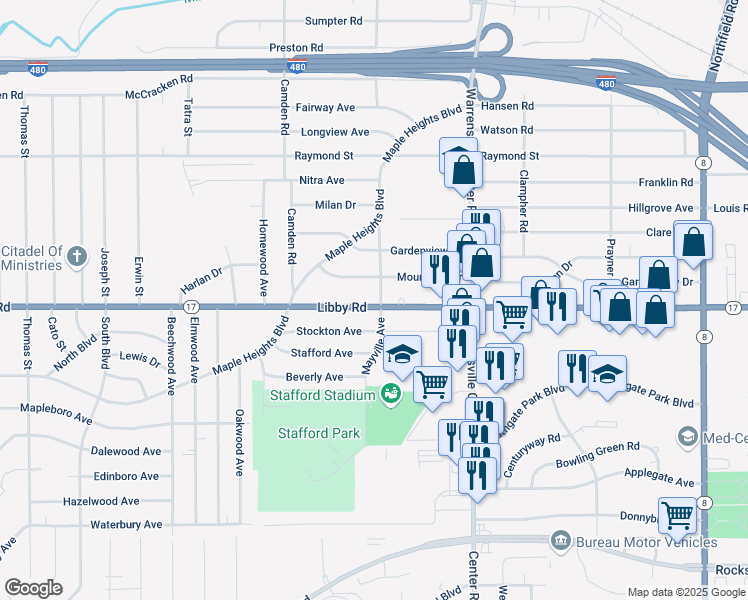 map of restaurants, bars, coffee shops, grocery stores, and more near 19313 Stockton Avenue in Maple Heights