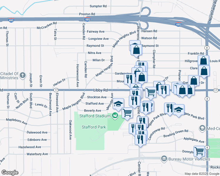 map of restaurants, bars, coffee shops, grocery stores, and more near 19313 Stockton Avenue in Maple Heights