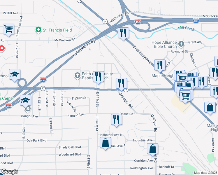 map of restaurants, bars, coffee shops, grocery stores, and more near 14402 Granger Road in Maple Heights