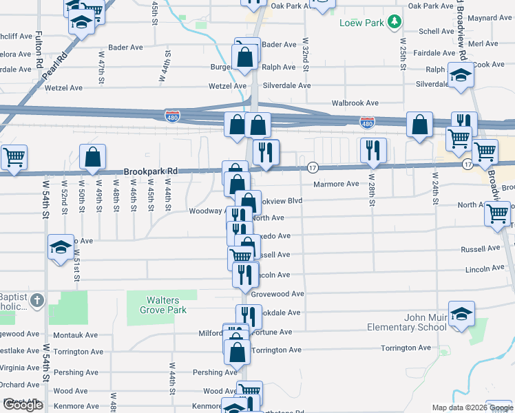 map of restaurants, bars, coffee shops, grocery stores, and more near 3427 North Avenue in Parma