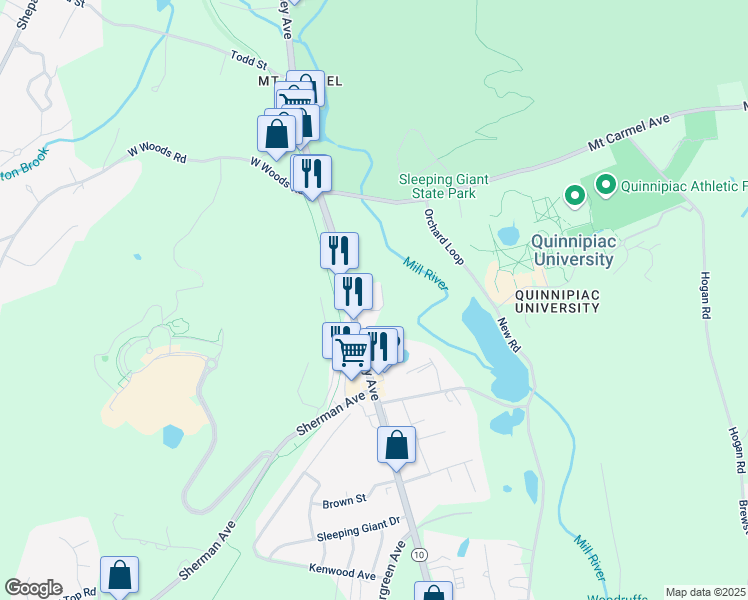 map of restaurants, bars, coffee shops, grocery stores, and more near 3345 Whitney Avenue in Hamden