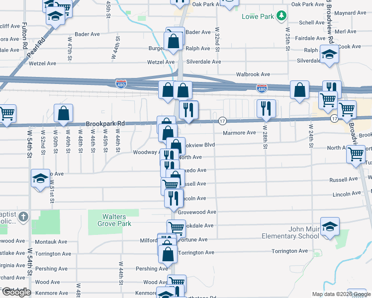 map of restaurants, bars, coffee shops, grocery stores, and more near 3427 North Avenue in Parma