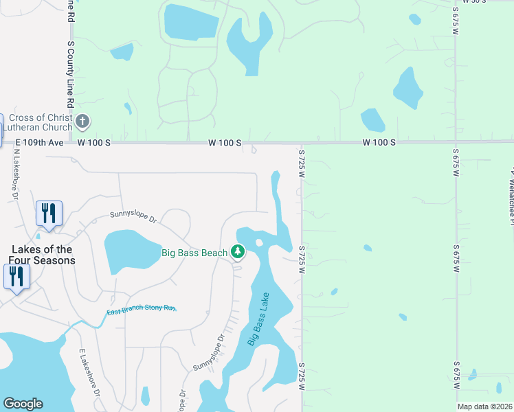 map of restaurants, bars, coffee shops, grocery stores, and more near 1382 Brandywine Rd in Crown Point