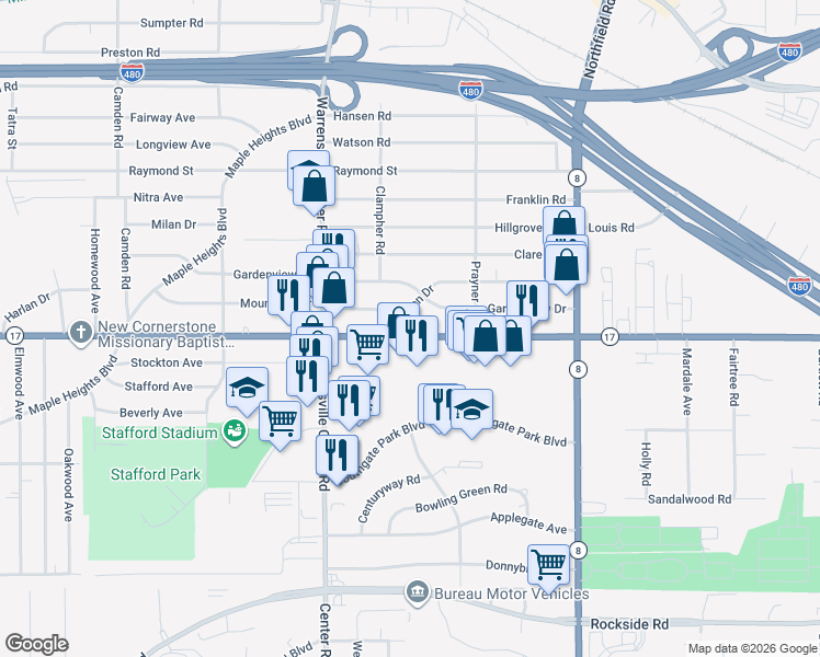 map of restaurants, bars, coffee shops, grocery stores, and more near 20807 Libby Road in Maple Heights