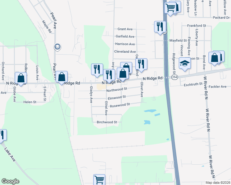 map of restaurants, bars, coffee shops, grocery stores, and more near 41550 Elmwood Street in Elyria