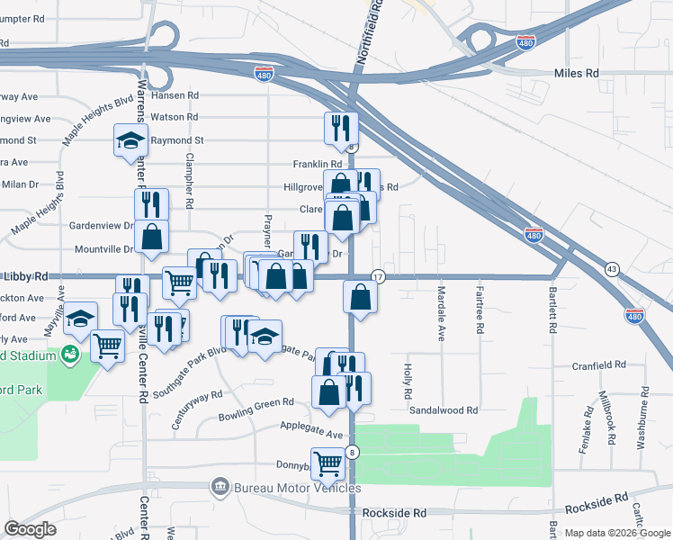 map of restaurants, bars, coffee shops, grocery stores, and more near 21800 Libby Road in Maple Heights