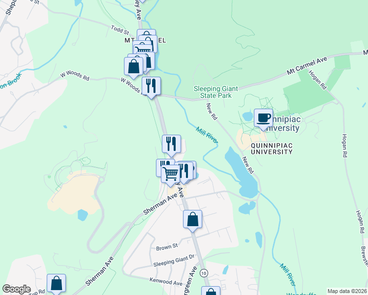 map of restaurants, bars, coffee shops, grocery stores, and more near 3345 Whitney Avenue in Hamden
