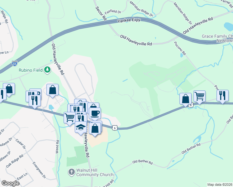 map of restaurants, bars, coffee shops, grocery stores, and more near 1 Suzie Drive in Newtown