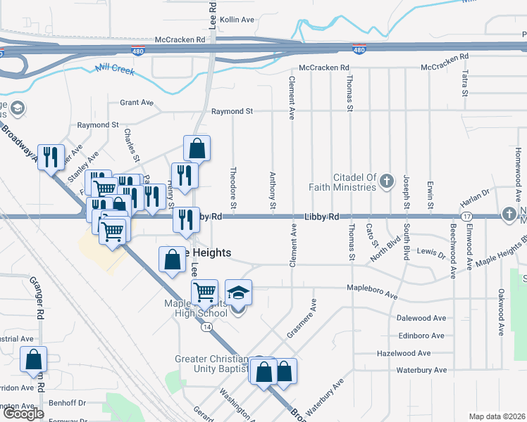 map of restaurants, bars, coffee shops, grocery stores, and more near 16877 Libby Road in Maple Heights