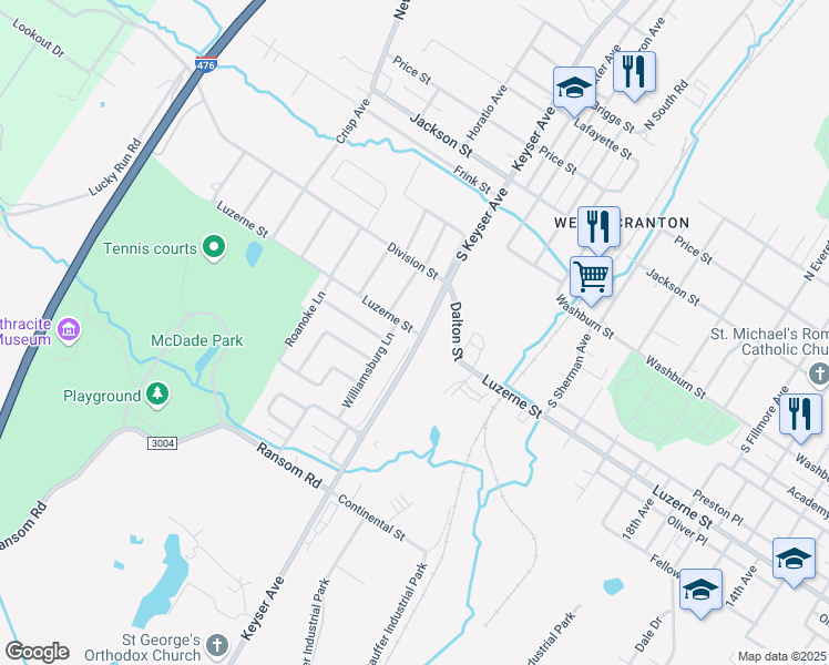 map of restaurants, bars, coffee shops, grocery stores, and more near 1201 Luzerne Street in Scranton