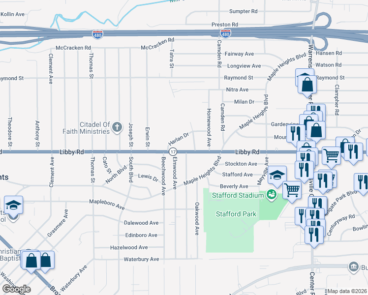 map of restaurants, bars, coffee shops, grocery stores, and more near 18709 Harlan Drive in Maple Heights