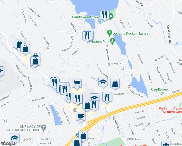 map of restaurants, bars, coffee shops, grocery stores, and more near 5B Oak Lane in Danbury