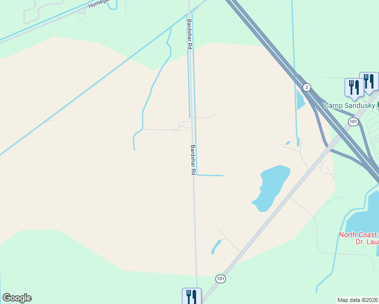 map of restaurants, bars, coffee shops, grocery stores, and more near 2219 Bardshar Road in Castalia