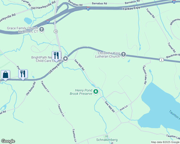 map of restaurants, bars, coffee shops, grocery stores, and more near 9 Saw Mill Road in Newtown