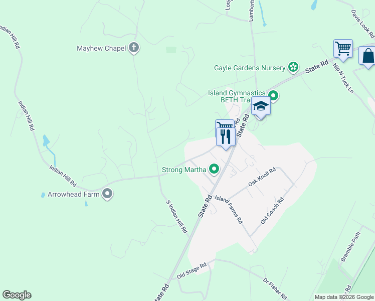 map of restaurants, bars, coffee shops, grocery stores, and more near 22 Josiah Sachem Way in West Tisbury