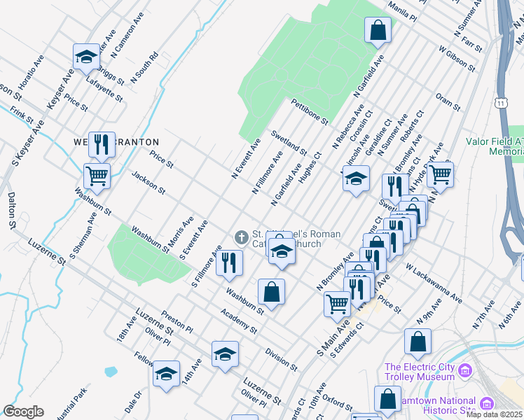 map of restaurants, bars, coffee shops, grocery stores, and more near 1717 Lafayette Street in Scranton