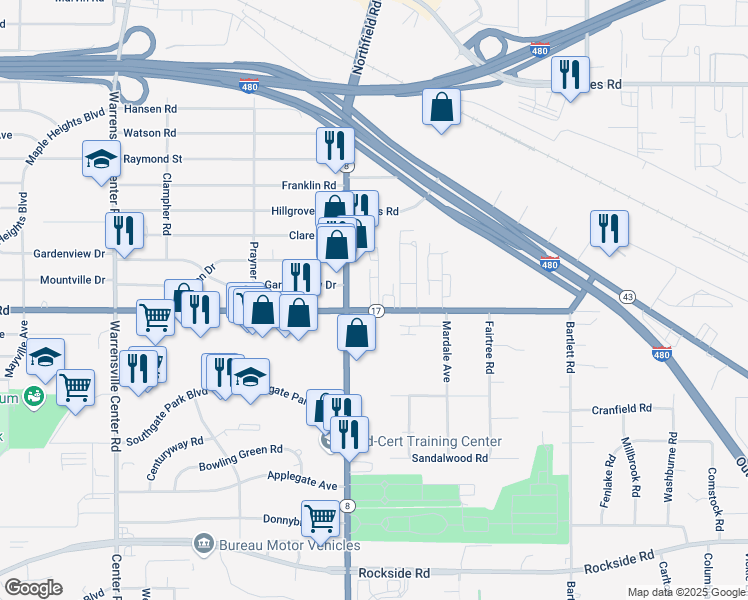 map of restaurants, bars, coffee shops, grocery stores, and more near 21841 Libby Road in Bedford Heights
