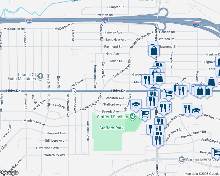 map of restaurants, bars, coffee shops, grocery stores, and more near 19406 Maple Heights Boulevard in Maple Heights