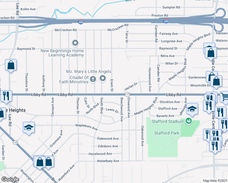 map of restaurants, bars, coffee shops, grocery stores, and more near 5250 Erwin Street in Maple Heights