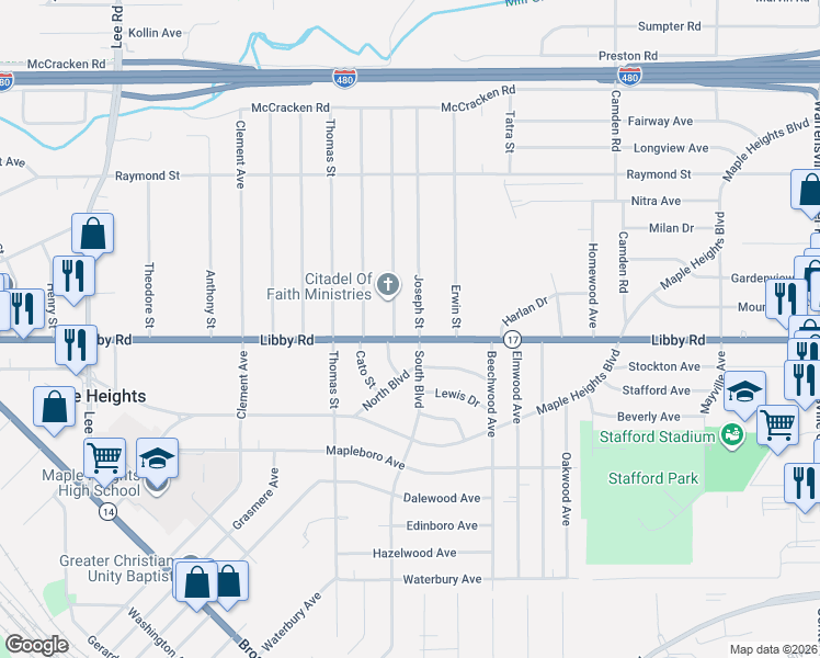 map of restaurants, bars, coffee shops, grocery stores, and more near 5250 Joseph Street in Maple Heights