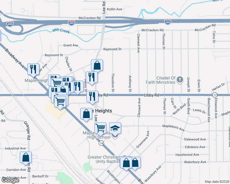 map of restaurants, bars, coffee shops, grocery stores, and more near 5244 Theodore Street in Maple Heights